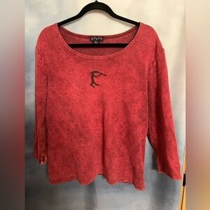 BFOFO Designs Canadian made red long sleeve crew neck women’s top w/tribal motif